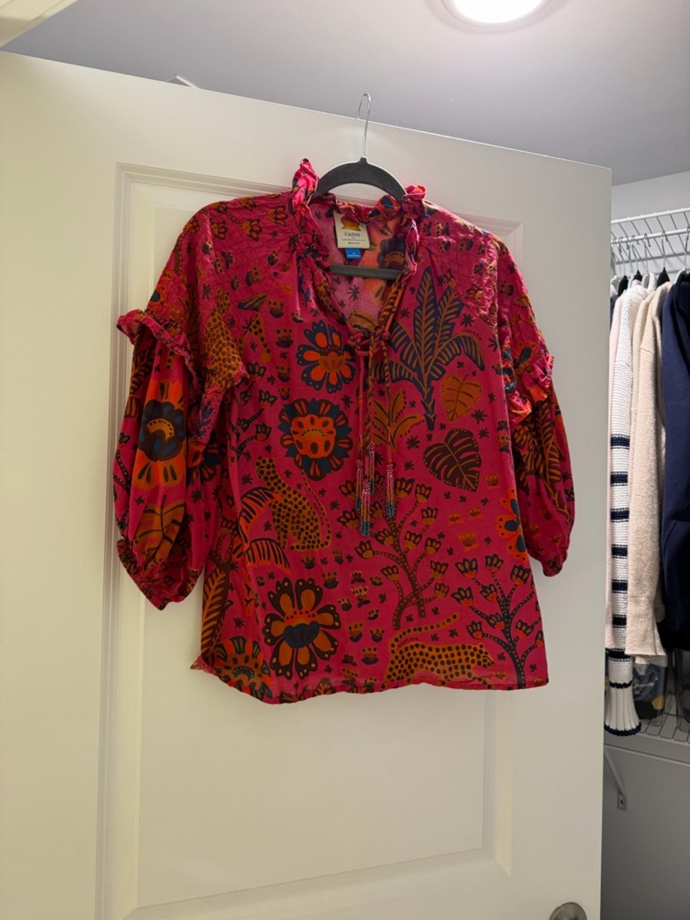 FARM Rio Magenta Floral Tie-Neck Puff Sleeve Blouse